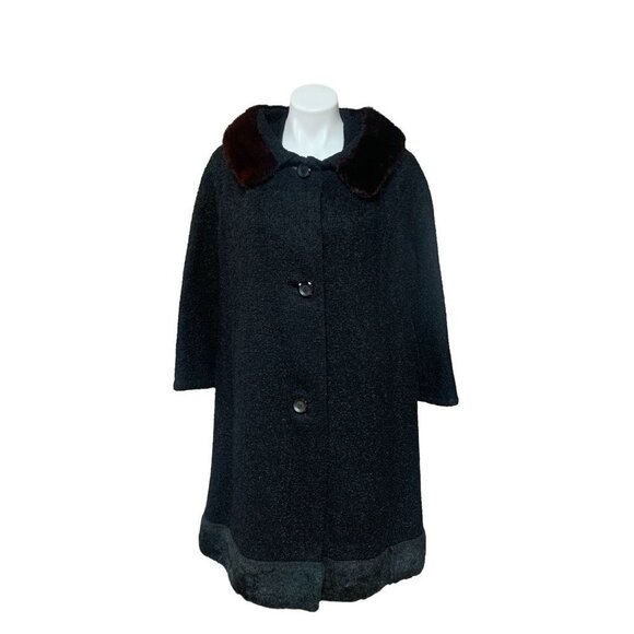 Vintage 50s Black Textured Wool Coat Mink Collar Medium